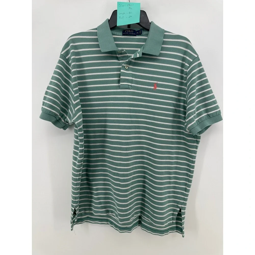 Polo Ralph Lauren Men XL Green White Striped Short Sleeve Cotton Polo Shirt